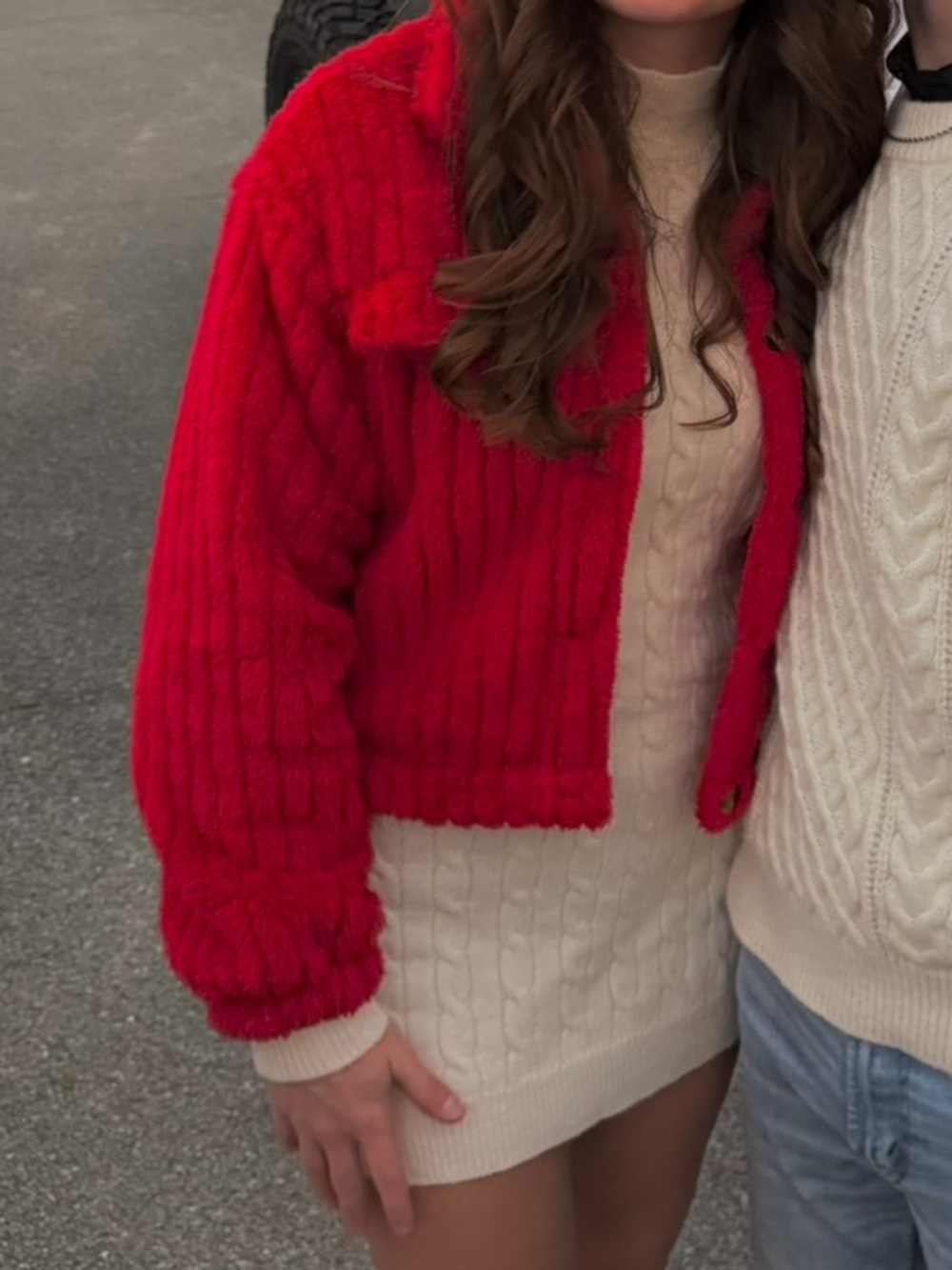 SHEIN Red Faux Fur Button-Up Jacket